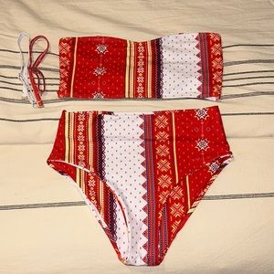 Red and white high waisted bikini